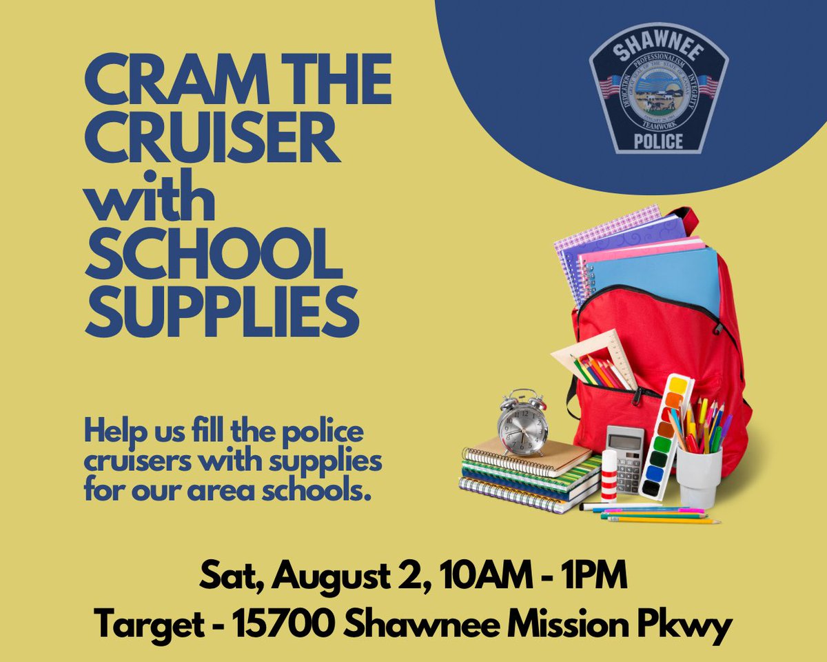 shawneeKSpolice's tweet image. CRAM THE CRUISER: Help us stuff our police cruisers with school supplies for local students!
🗓 Saturday, August 2
🕙 10 AM – 1 PM
📍 Target – 15700 Shawnee Mission Parkway
Join the Shawnee Police Department to support students as they gear up for the new school year. Every…