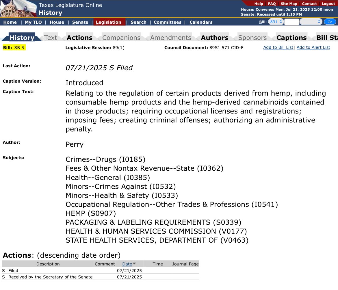 bradj_TX's tweet image. .@electcharles’ SB 5, hemp/low-grade THC bill, has been filed for 89(1). No text up yet: capitol.texas.gov/BillLookup/His…
#txlege