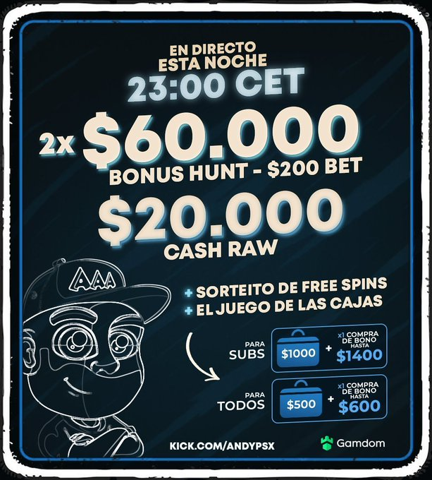 23:00 CEST STREAM !  kick.com/andypsx                                                                                                        

SORTEOS DIARIOS CON MAS DE 5000$ 
GARANTIZADOS EN PREMIOS TODAS LAS NOCHES !                                      
PARA PARTICIPAR