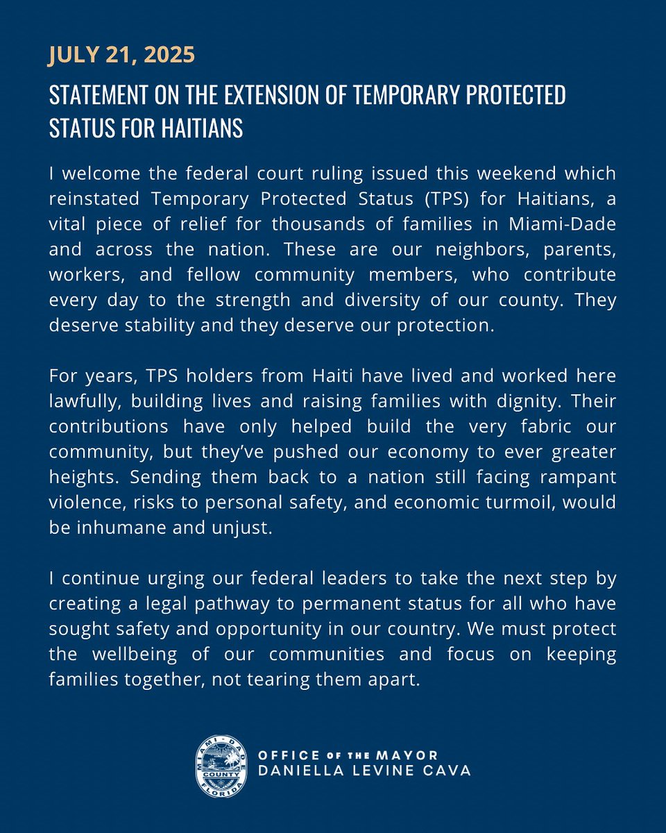 MayorDaniella's tweet image. This weekend’s decision to extend TPS for Haitians is a vital victory for thousands of families in Miami-Dade. I call for urgent Congressional action to create a permanent path to security for our Haitian residents.