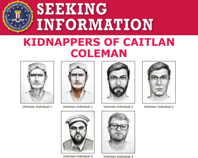 FBIWFO's tweet image. The U.S. government is offering a reward of up to $1 million for information leading to the arrest or prosecution of the unknown individuals responsible for the kidnapping and captivity of Caitlan Coleman and her family. You can call your local #FBI office or the nearest U.S.…