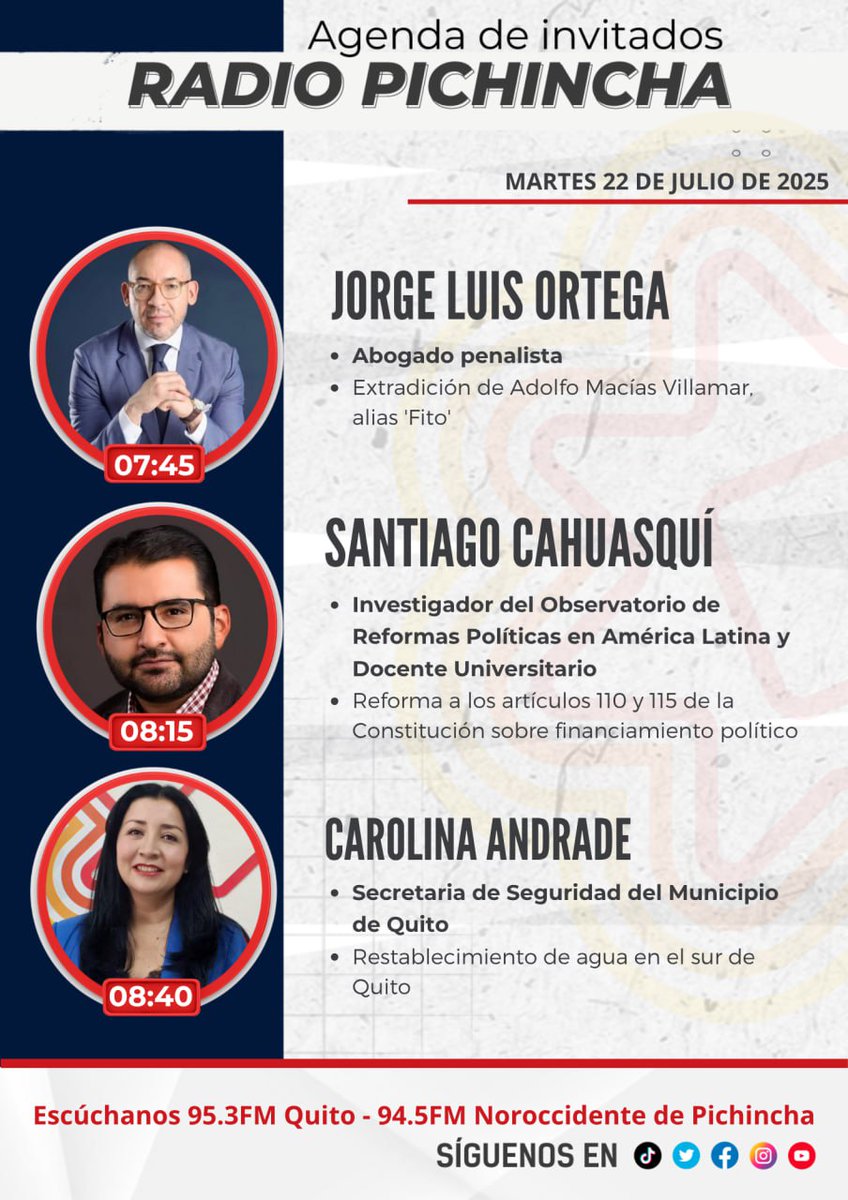 Radio Pichincha (@radio_pichincha) on Twitter photo 📌 #Agéndalo || Este martes 22 de julio sigue las entrevistas de 🎙#PuntoNoticias primera emisión:
🗣 07h45: <a href="/ortegajorgeluis/">Jorge Luis Ortega Galarza 💜</a>
🗣 08h15: <a href="/cahuasquic/">Santiago Cahuasquí C 💚</a>
🗣 08h40: <a href="/CaroAndradeQ/">Carolina Andrade Q.🇪🇨</a>
Por la 📻 95.3FM - 94.5 FM al noroccidente de Pichincha y 📲💻 transmisión en vivo por redes sociales. 📌 #Agéndalo || Este martes 22 de julio sigue las entrevistas de 🎙#PuntoNoticias primera emisión:
🗣 07h45: <a href="/ortegajorgeluis/">Jorge Luis Ortega Galarza 💜</a>
🗣 08h15: <a href="/cahuasquic/">Santiago Cahuasquí C 💚</a>
🗣 08h40: <a href="/CaroAndradeQ/">Carolina Andrade Q.🇪🇨</a>
Por la 📻 95.3FM - 94.5 FM al noroccidente de Pichincha y 📲💻 transmisión en vivo por redes sociales.