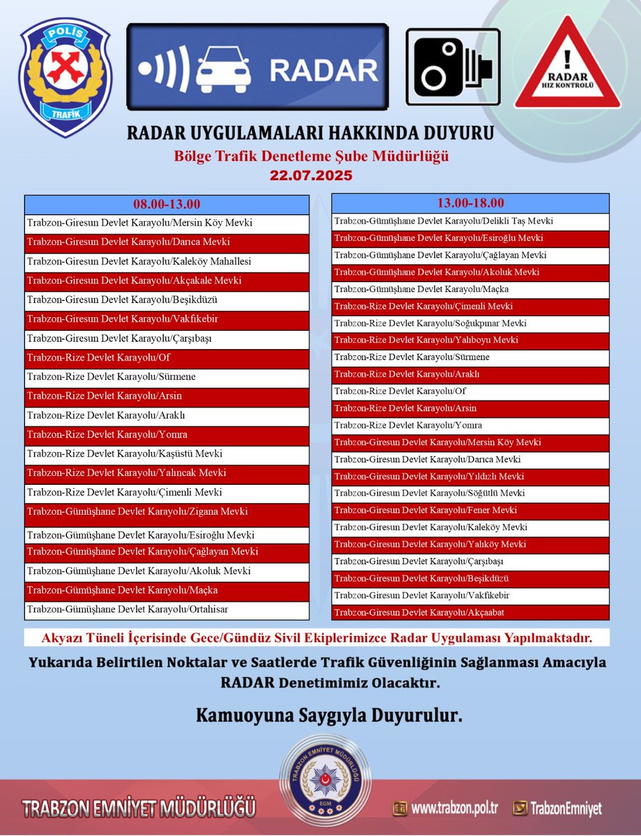 📍Trabzon İlimizde Karayollarını Kullanan Sürücülerimizin Dikkatine⚠️ 

🔹️22.07.2025 Salı günü yapılacak olan İlimiz Geneli Radar Uygulamaları Duyurusu..🚔👇

<a href="/TrabzonValilik/">T.C. Trabzon Valiliği 🇹🇷</a>