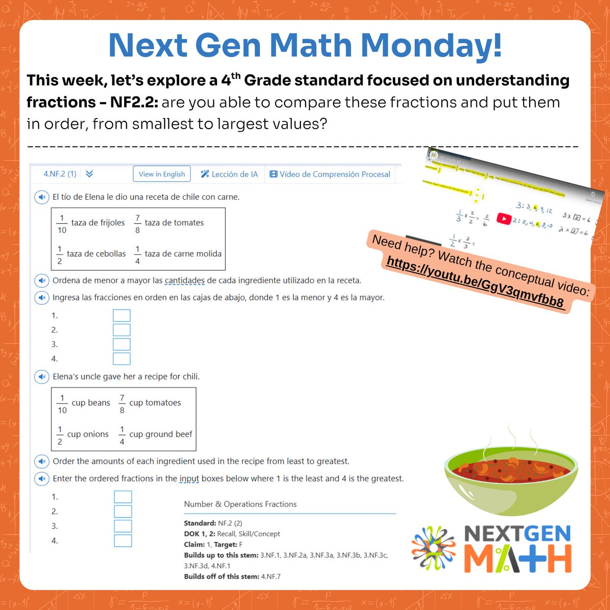 next_gen_math's tweet image. 🥄 Math Monday!
A chili recipe + some fractions = today’s 4th grade challenge!
Can your students put the ingredients in order from smallest to largest amounts?

#mathmonday #fractions #4thgrademath #nextgenmath #mathchallenge #elementarymath
