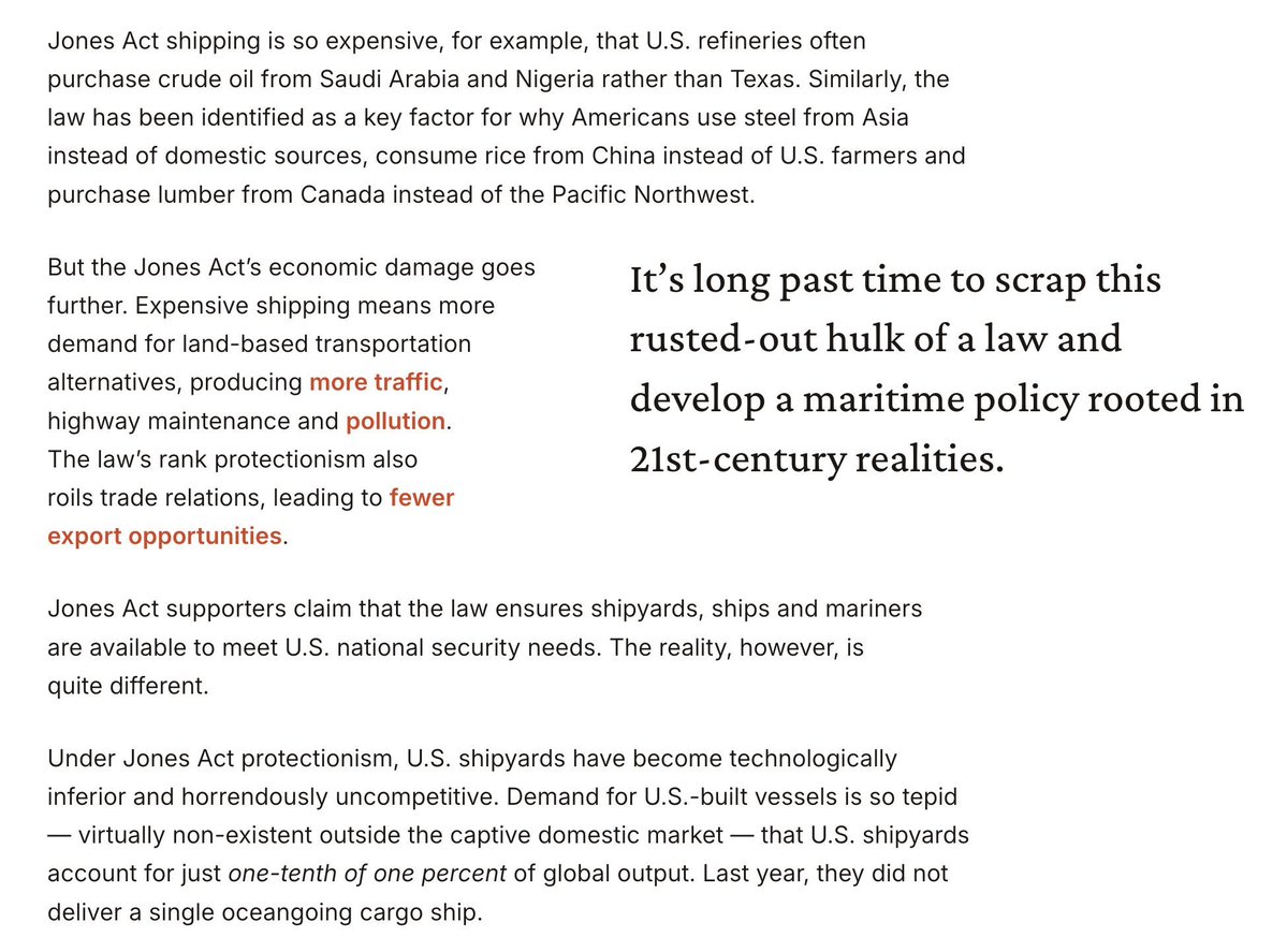 CatoTrade's tweet image. The Jones Act stifles the country’s prosperity and fails to meet its defense requirements. It’s long past time to scrap this rusted-out hulk of a law and develop a maritime policy rooted in 21st-century realities. cato.org/commentary/sho…
✍️ @cpgrabow