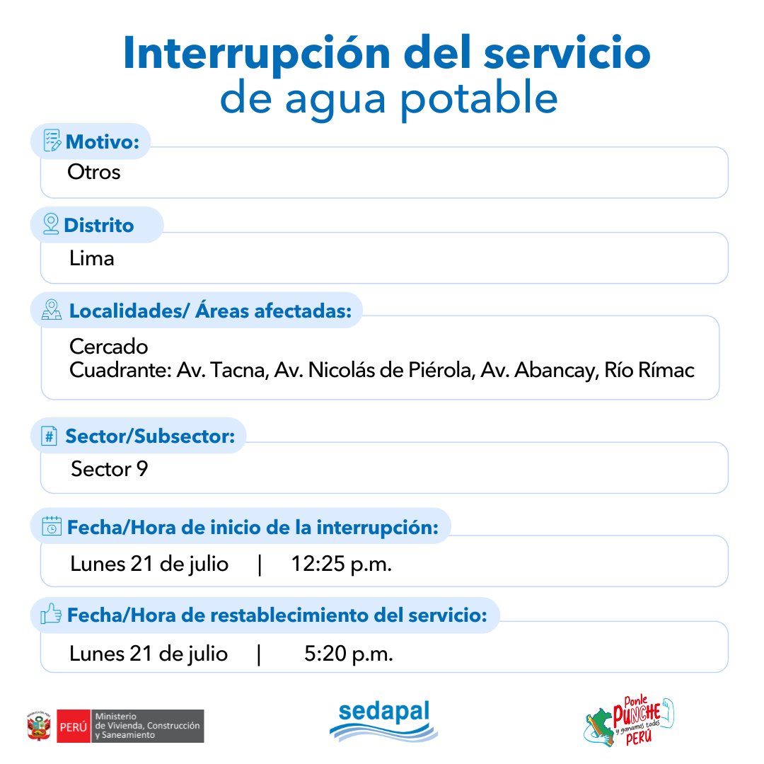 SedapalOficial's tweet photo. 🚨 #LoÚltimo | ¡Atención vecinos de #LimaCercado! #Sedapal atiende una emergencia imprevista por lo que se interrumpirá parcialmente el servicio de agua en algunos sectores. Más detalles aquí 👇 #InterrupciónDelServicio https://t.co/AM1DgBWn3p