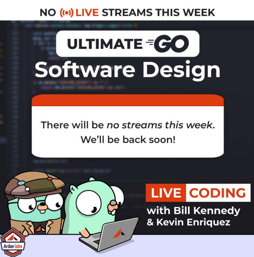 ardanlabs's tweet image. 📅Ult. Software Design LIVE schedule: No streams❌
This week there won’t be any scheduled streams with @goinggodotnet & @KEnriquez21
🎥In the meantime, catch up on the last episodes here: bit.ly/3CShDOS
We’ll be back soon, so stay tuned!
#golang #SoftwareDesignLive