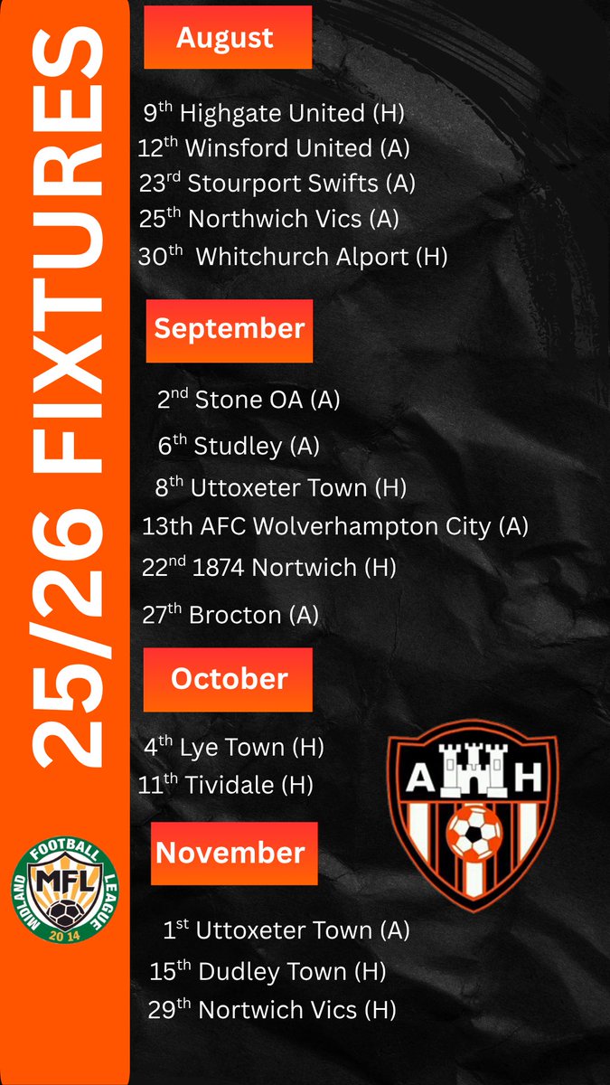 HultonUtd's tweet image. 2025/26 Fixtures have arrived
We start our campaign in the Midlands Premier League with a home fixture against @HighgateUnited on 9th August.
Can’t wait to get started.
#UTA 🧡🖤🧡🖤