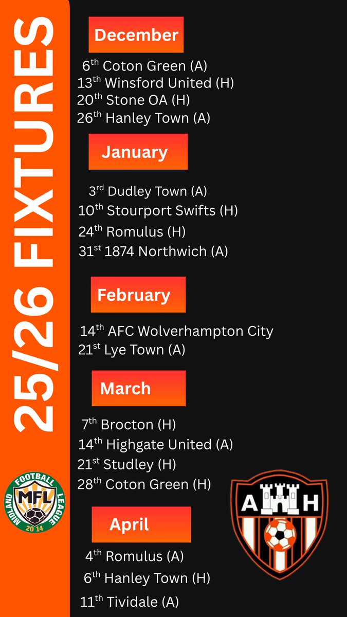 HultonUtd's tweet image. 2025/26 Fixtures have arrived
We start our campaign in the Midlands Premier League with a home fixture against @HighgateUnited on 9th August.
Can’t wait to get started.
#UTA 🧡🖤🧡🖤