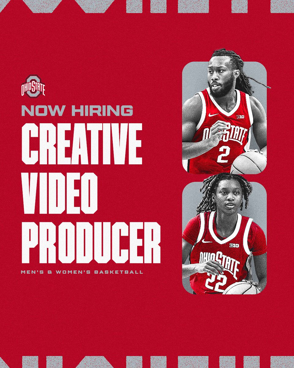 OhioStateHoops's tweet image. We’re Hiring 🚨
Join our Basketball Creative Staff and help tell the story of the Buckeye Basketball Programs 🎥
Apply Today ↪️ go.osu.edu/osubballvideo