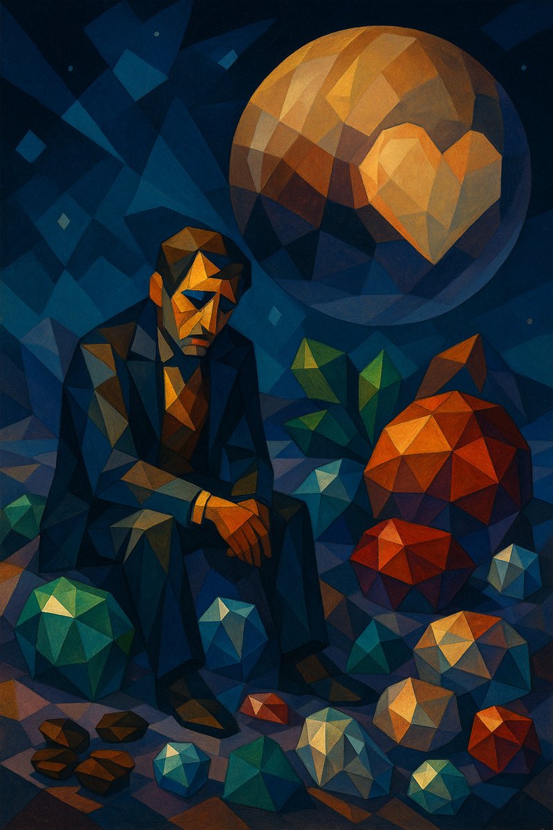 artyamazing's tweet photo. On Charon's jagged moon, he sits  rich in gems, empty in soul.
Pluto’s heart glows above, distant… unreachable.
———
Even $5 helps me keep creating.
https://t.co/NnlzeflGxS
———
#Cubism #SpaceArt #EmotionalArt #SupportArtist #DigitalPainting https://t.co/qRqCNYctv4
