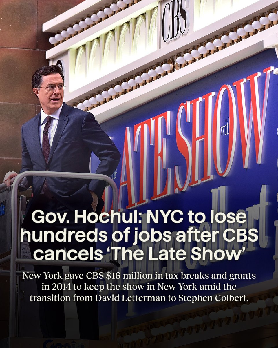 Gothamist's tweet image. New York Gov. Kathy Hochul’s office says CBS’ sudden cancellation of “The Late Show with Stephen Colbert” will cost hundreds of local jobs: bit.ly/4m5AeYI
