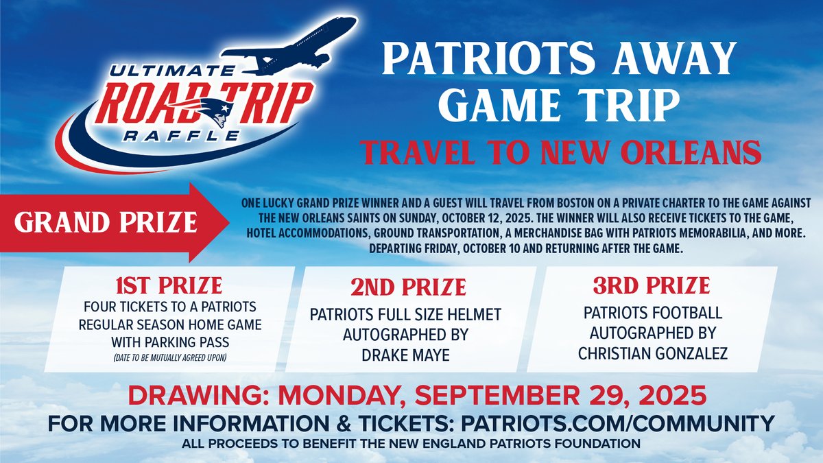 Patriots's tweet image. The Ultimate Road Trip Raffle is back!
Enter now for your chance to travel to New Orleans: bit.ly/4nUtDlr