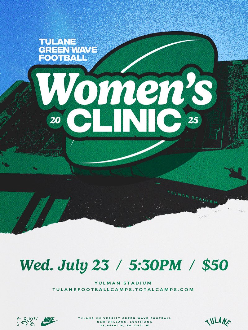 GreenWaveFB's tweet image. Women’s Clinic week is finally here!
🔗: https: tulanefootballcamps.totalcamps.com
#UptownFootball