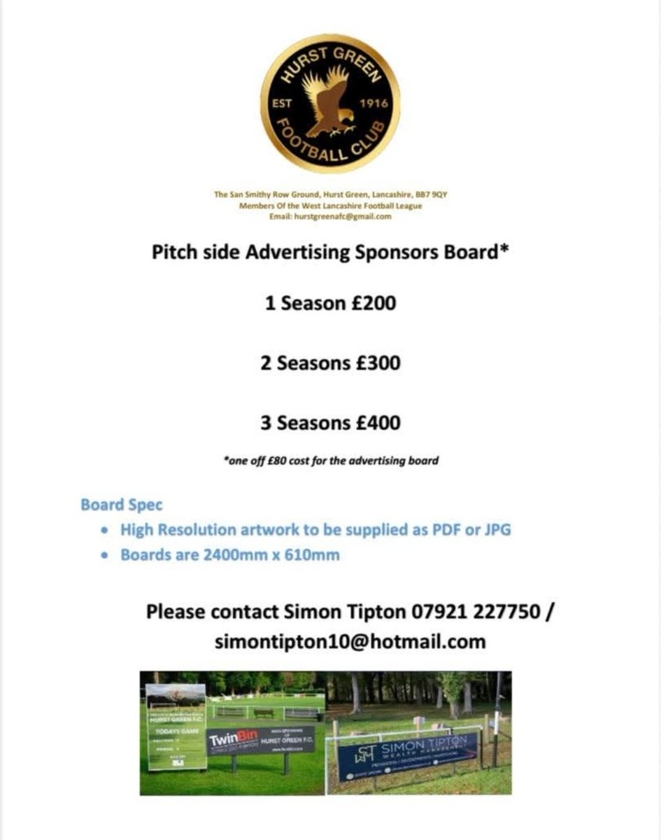 ❗️Pitch side advertising opportunity❗️

To continually maintain and improve our infrastructure and facilities, we have pitched side space available to support our club and promote your business.

Please spread the word and get in touch if you would like to sponsor.

🦅🦅