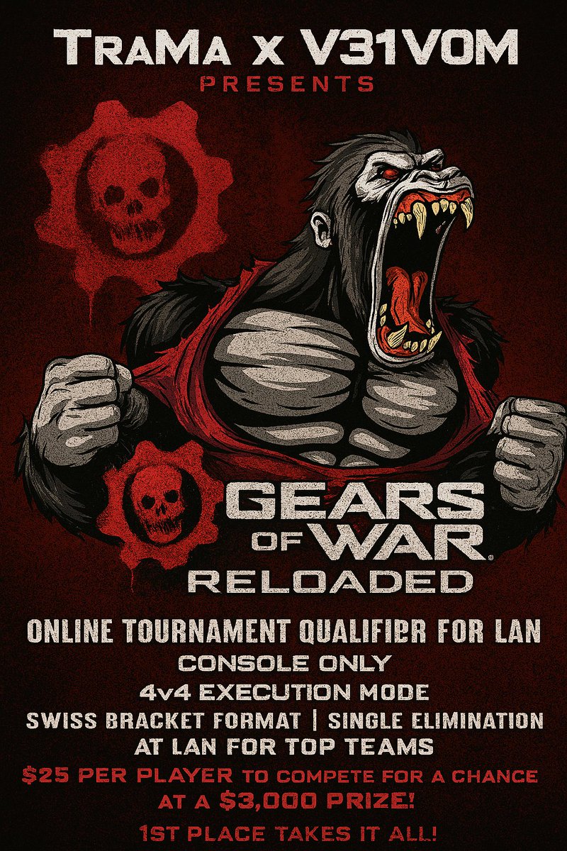AJ (@therealtrauma) on Twitter photo π¨ TVX Online Qualifier: Road to LAN π¨
π
Online Qualifier: Sept 6, 2025 @ 1PM ET
π LAN Finals: Palmyra, PA (Date TBA)
Register here:
challonge.com/tournaments/siβ¦
π Limited spots β donβt miss out.
Dm <a href="/V31V0M/">V31V0M</a> or myself if any questions.
#GearsReloaded #TVXQualifier #RoadToLAN π¨ TVX Online Qualifier: Road to LAN π¨
π
Online Qualifier: Sept 6, 2025 @ 1PM ET
π LAN Finals: Palmyra, PA (Date TBA)
Register here:
challonge.com/tournaments/siβ¦
π Limited spots β donβt miss out.
Dm <a href="/V31V0M/">V31V0M</a> or myself if any questions.
#GearsReloaded #TVXQualifier #RoadToLAN