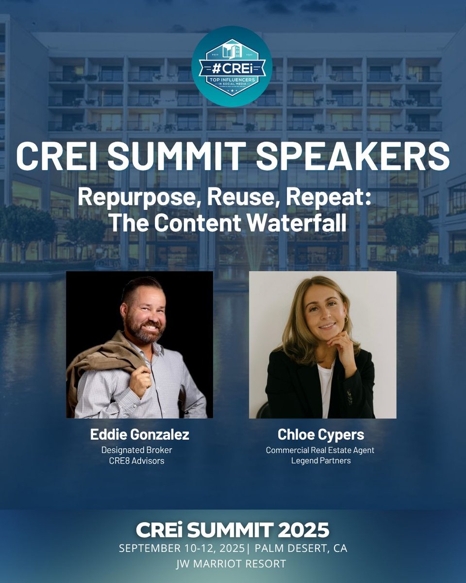 creisummit's tweet image. We're excited to welcome Eddie Gonzalez & Chloe Cypers. Their session, "Repurpose, Reuse, Repeat:The Content Waterfall," will break down how CRE professionals can maximize every piece of content, turning one idea into multiple touchpoints.
Join us- creisummit.com
#cre