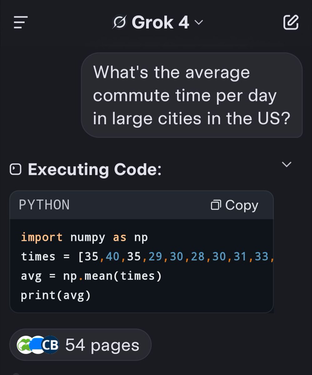 kzu's tweet image. #grok knows the best way to calculate things is writing some code and running it, rather than dumb token prediction. @xai is kicking ass. I love that they ditched the "Deep search" and "Think" buttons in favor of Just Working.