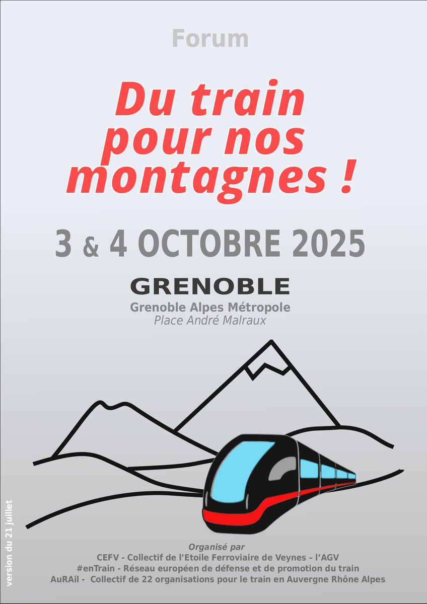 Réseau #EnTrain (@reseau_entrain) on Twitter photo "Du train pour nos Montagnes !" s'écriera le forum des 3 & 4 octobre 2025 à Grenoble
Avec le <a href="/CollectifAuRAil/">Collectif AuRAil</a> et le Collectif de l’Etoile de Veynes nous ferons le point sur le développement du train en montagne
#Alpes #MassifCentral #Pyrénées
reseauentrain.eu/du-train-pour-… "Du train pour nos Montagnes !" s'écriera le forum des 3 & 4 octobre 2025 à Grenoble
Avec le <a href="/CollectifAuRAil/">Collectif AuRAil</a> et le Collectif de l’Etoile de Veynes nous ferons le point sur le développement du train en montagne
#Alpes #MassifCentral #Pyrénées
reseauentrain.eu/du-train-pour-…