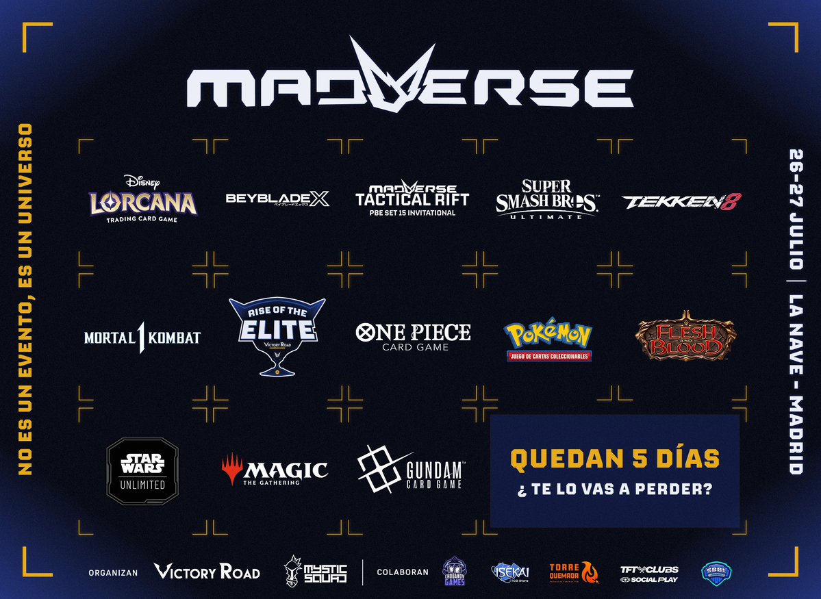 ¡Esto es todo lo que tenemos en Madverse este fin de semana! 🔥

¡Ya solo quedan 5⃣ días para vernos! ¿Te lo vas a perder?

Apúntate ya a uno de nuestros torneos en madverse.es o consigue tus entradas para venir ‼️

🎫Entradas: my.weezevent.com/madverse-2025-…