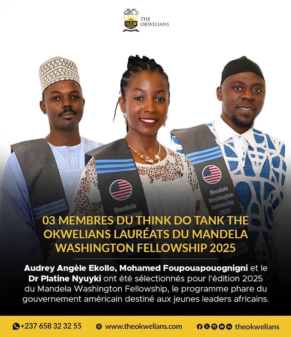 #TheOkweliansAtWork | Félicitations à Audrey Angèle Ekollo, Mohamed Foupouapouognigni et Dr Platine Nyuyki, membres de notre communauté sélectionnés comme lauréats du Mandela Washington Fellowship 2025.

#TheOkwelians #Leadership #Cameroun