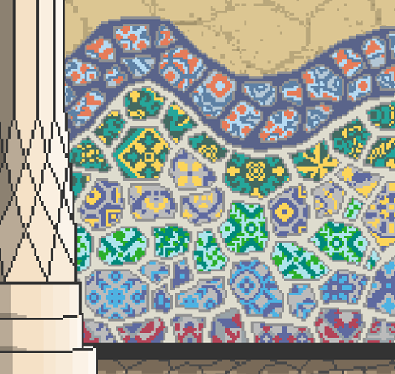 In Tezzel, broken tiles aren't just discarded: they become part of the wall’s decoration, just like in Gaudí’s Trencadís, where broken ceramics were reused to create stunning mosaics.

Demo coming next week!
#PixelArt #PuzzleGame #IndieDev #GameDev  #CozyGames #Art #Barcelona