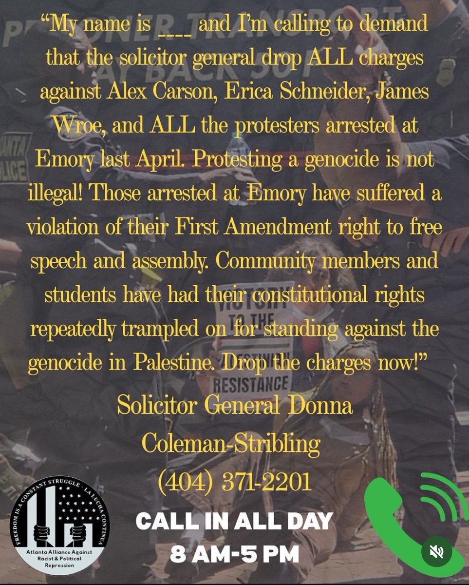 YungGameboyADV's tweet photo. TODAY!!! call in to demand charges dropped against myself and all protesters arrested at the Emory encampment for Palestine!

If local to Atlanta, come pack the court on wednesday! https://t.co/esmhTslkkf