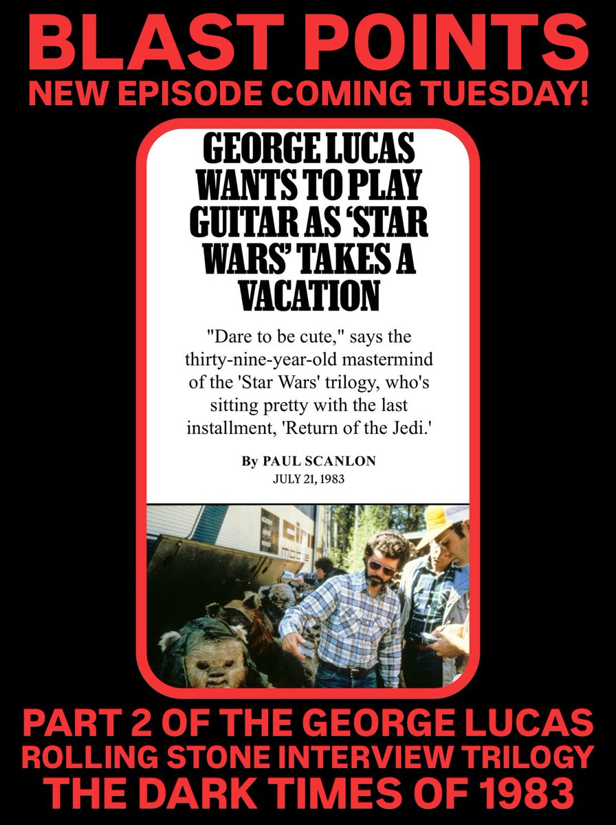 blast_points's tweet image. TUESDAY! Our trilogy of episodes exploring Lucas interviews with Rolling Stone continues with this 83 darker middle chapter. Things are grim and Lucas might play a guitar & get on a boat to sail away forever. BUT - he takes time for an incredible breakfast. Look for it Tuesday!