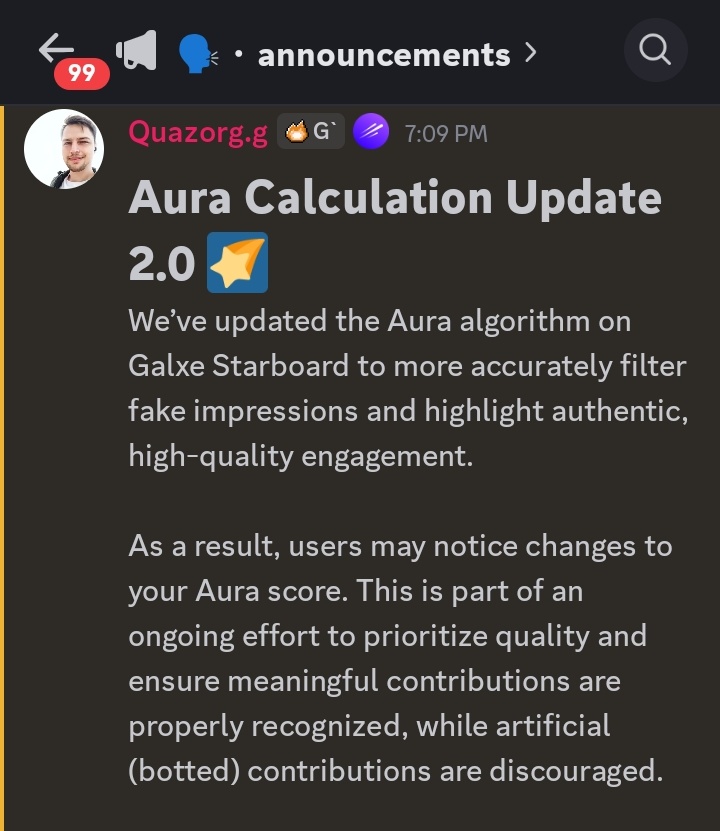 when_tge's tweet image. Have you guys seen the recent @Galxe Starboard update? ๐ค
Alright, real talk. Looking at the new Aura Calculation 2.0 from Galxe, I actually think itโs a good move. Web3's been clogged with way too much fake activity, so seeing them focus on real engagement feels long overdue.โฆ