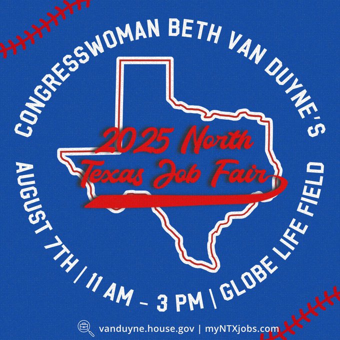 RepBethVanDuyne's tweet image. I’m excited for the 4th North Texas Job Fair, happening August 7th from 11 am to 3 pm at Globe Life Field! We’ll have a wide range of employers on-site, ready to meet you and discuss exciting job opportunities.
I hope to see you there! For more details and to let us know you’re…