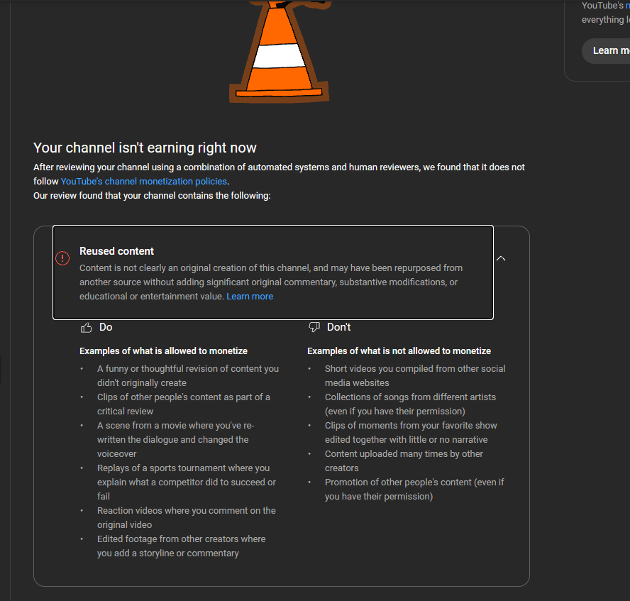 After months of working with YouTube, they considered my content reused content.  
YT is no longer trustworthy. Around a whole year has been wasted. I worked hard to retain what I lost when my channel got hacked with a new channel, but it seems like it's not worth it

<a href="/YouTube/">YouTube</a>