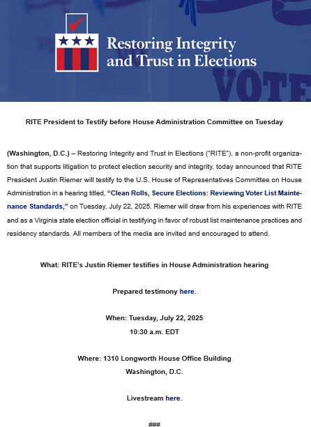 Restoring_USA's tweet image. RITE President @Justin_Riemer will testify in a House Admin hearing (Tuesday 7/22 at 10:30 a.m.) in favor of robust list maintenance practices & residency standards.
Livestream: youtube.com/watch?v=2EHuO9…
Riemer prepared testimony: docs.house.gov/meetings/HA/HA…