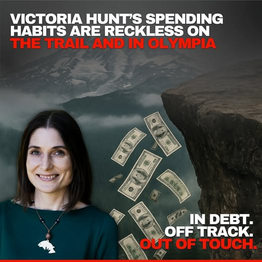 WAGOP's tweet image. Victoria Hunt’s campaign is drowning in debt, ranked 5th highest in the state. She also voted to drain our rainy day fund without a plan to refill it. Reckless on the trail, reckless in Olympia. Washington families deserve better. Vote for @Magendanz to help restore fiscal…