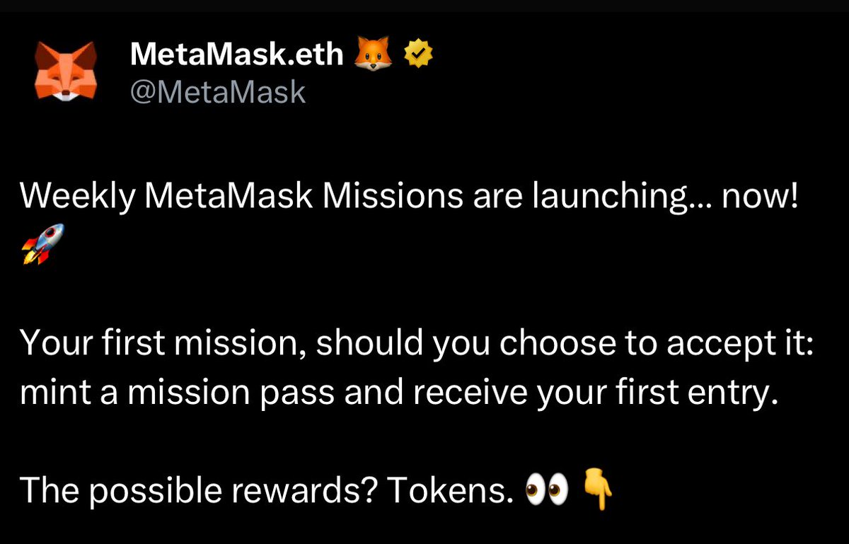 Metamask — Important Update! 🪂

So <a href="/MetaMask/">MetaMask.eth 🦊</a> has just released a mission program, and promise « tokens » for rewards

That’s means $MASK? I can’t say it for now

     ➖ portfolio.metamask.io/promotions?utm…
     ➖mint Pass
     ➖complete missions

See their latest post about it.