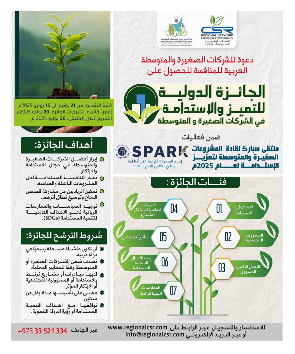 الشبكة الاقليمية csr (@regionalcsr) on Twitter photo الجائزة الدولية للتميز والاستدامة في الشركات الصغيرة والمتوسطة 2025م
ضمن فعاليات
ملتقى سبارك لقادة  المشروعات الصغيرة والمتوسطة لتعزيز الإستدامة لعام 2025م
(سبارك SPARK-  إحدى المبادرات النوعية التي أطلقها الإتفاق العالمي للأمم المتحدة
 للتسجيل والإشتراك 
regionalcsr.com/awardsmea2025/ الجائزة الدولية للتميز والاستدامة في الشركات الصغيرة والمتوسطة 2025م
ضمن فعاليات
ملتقى سبارك لقادة  المشروعات الصغيرة والمتوسطة لتعزيز الإستدامة لعام 2025م
(سبارك SPARK-  إحدى المبادرات النوعية التي أطلقها الإتفاق العالمي للأمم المتحدة
 للتسجيل والإشتراك 
regionalcsr.com/awardsmea2025/