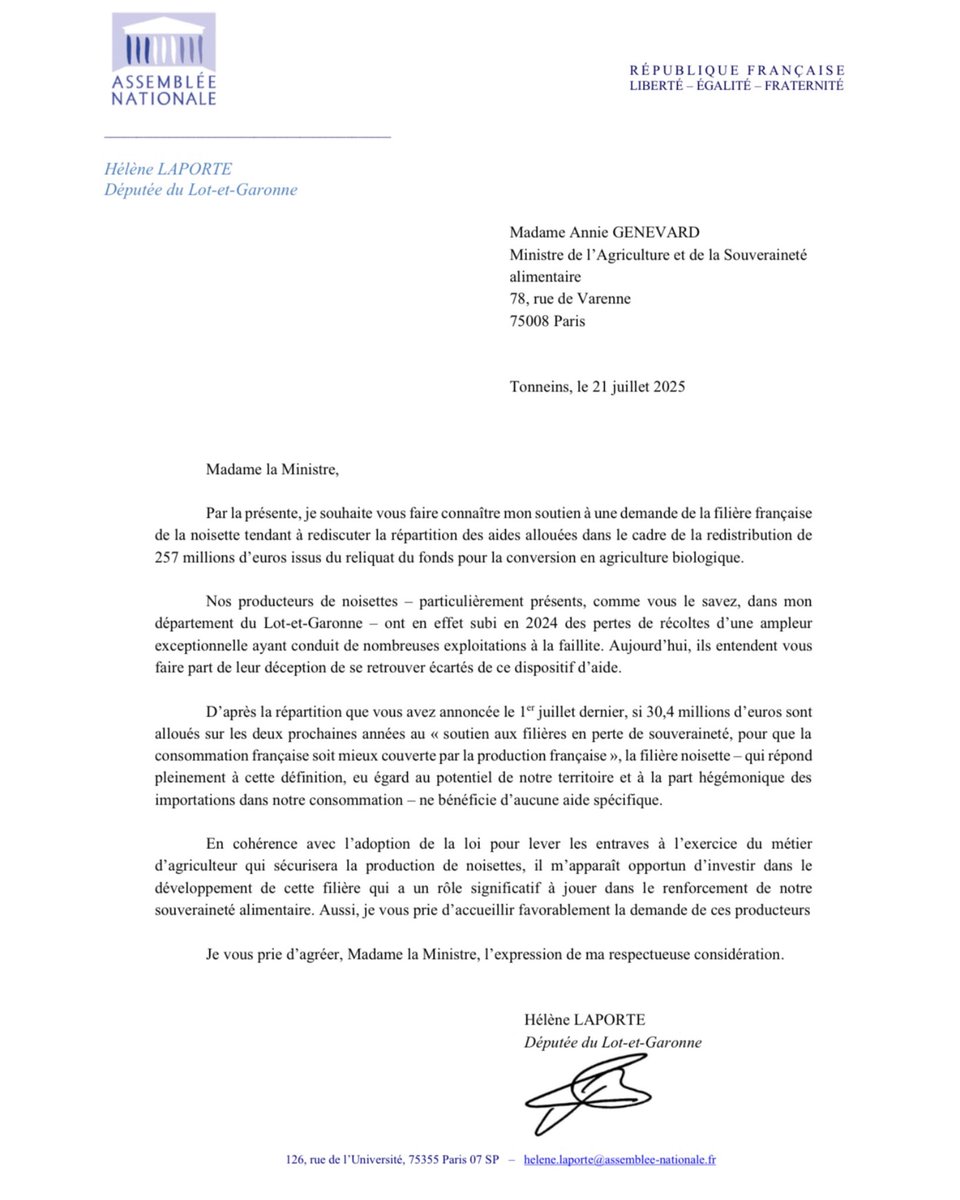 HeleneLaporteRN's tweet image. En parallèle de mon courrier à Arnaud Rousseau, j’ai également interpellé @AnnieGenevard afin que notre filière française de #Noisette bénéficie des aides allouées dans le cadre de la redistribution des 257 millions d’euros issus du reliquat du fonds pour la conversion en…
