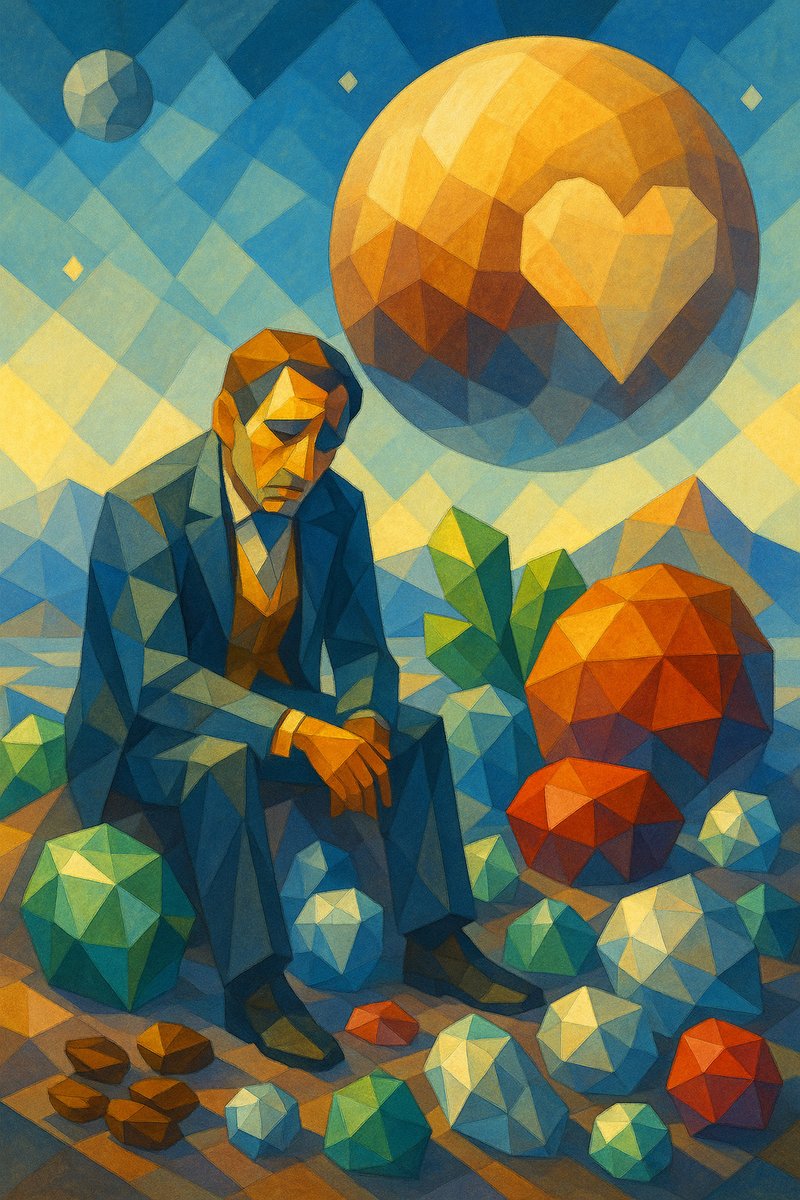artyamazing's tweet photo. Alone on Charon, wealth at his feet 
but Pluto’s glowing heart remains out of reach.
———
Even $5 helps me keep creating.
 https://t.co/s5YxKWPS0C
———
#Cubism #DigitalArt #SpaceSymbolism #SupportArtist #LonelyRich https://t.co/q7qHVlawDK