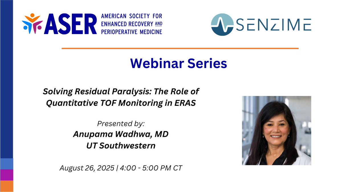 ASER (@aser_hq) on Twitter photo Join Us for the next Virtual Seminar sponsored by:
<a href="/SenzimeInfo/">Senzime - Innovative Patient Monitoring</a>
on "Solving Residual Paralysis: The Role of Quantitative TOF Monitoring in ERAS" by Anupama Wadhwa, MD
💻 Click the link below to register, registration is free! aserhq.org/web/education-… Join Us for the next Virtual Seminar sponsored by:
<a href="/SenzimeInfo/">Senzime - Innovative Patient Monitoring</a>
on "Solving Residual Paralysis: The Role of Quantitative TOF Monitoring in ERAS" by Anupama Wadhwa, MD
💻 Click the link below to register, registration is free! aserhq.org/web/education-…