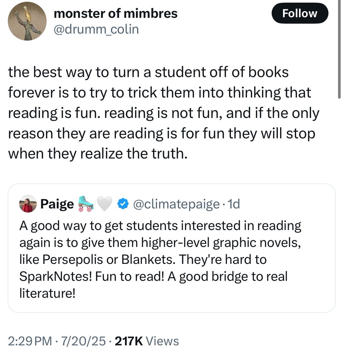 CHRISF0GLE's tweet image. Man you can tell the literary landscape is bleak when everyone has just resigned themselves to the impossibility of convincing students to read and enjoy age-appropriate books