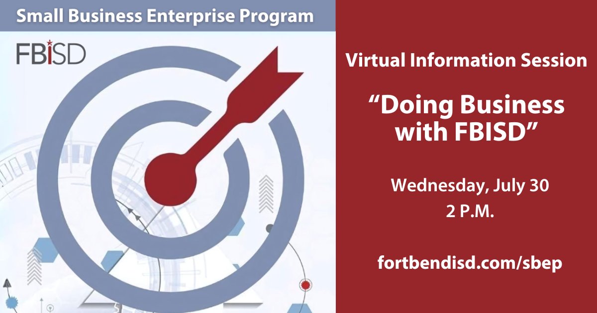 FortBendISD's tweet image. 📢 Are you a small business owner looking to partner with Fort Bend ISD?
Join us for our Small Business Enterprise Program Virtual Information Session on Wednesday, July 30 at 2 p.m. to learn how to do business with FBISD. Don’t miss this opportunity to connect, grow, and get…
