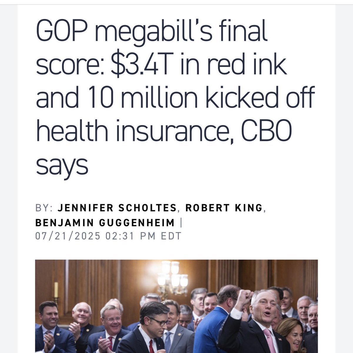 meredithllee's tweet image. The GOP megabill Trump signed July 4 would increase federal deficit by $3.4 trillion and cause 10 million people to lose health insurance, per CBO forecasts
subscriber.politicopro.com/article/2025/0…