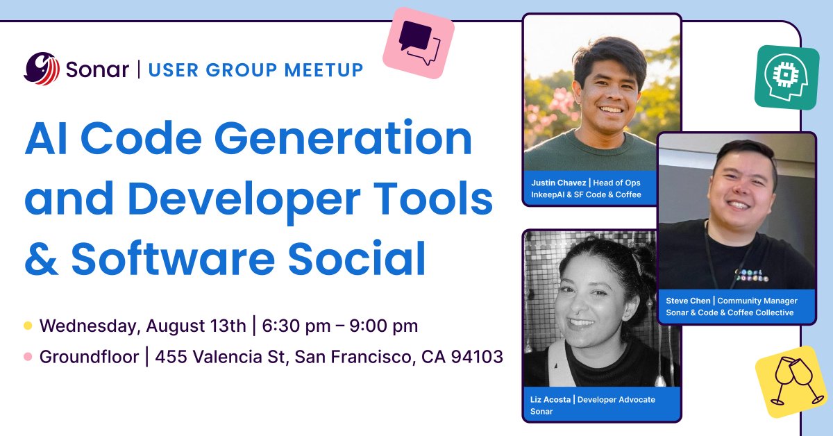 SonarSource's tweet image. Calling all SF devs! 👋 Don't miss the #SonarUserGroup Meetup on Aug 13th! We're talking #AICodeGeneration & #DeveloperTools with expert speakers. Plus, free food & drinks! 🤩 Come network & learn.
Details: 👉 bit.ly/4f9uzyA
#CodeQuality #CodeSecurity #TechMeetup