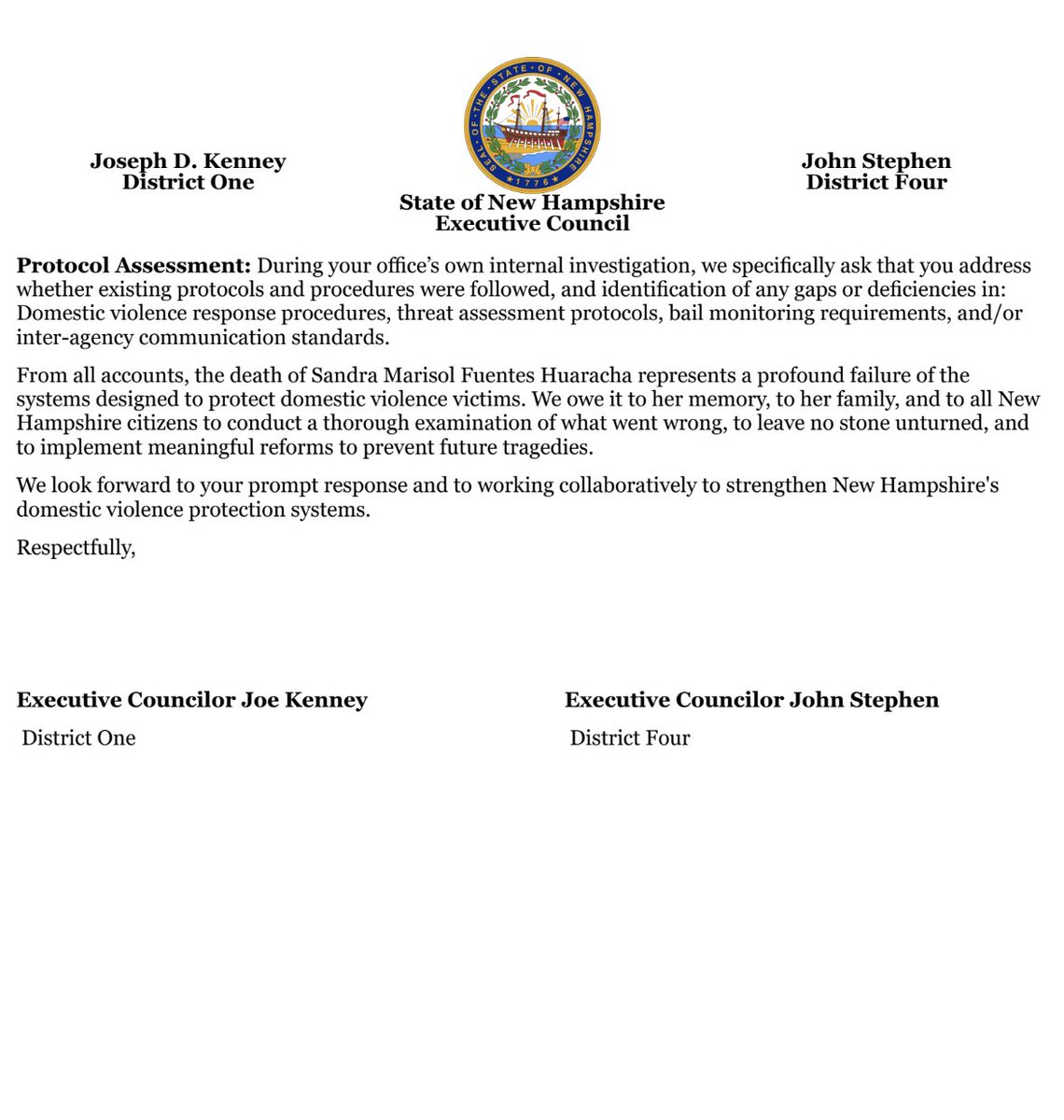 JohnStephenNH's tweet image. Councilor @JosephKenneyNH and I are asking Attorney General Formella for an update on the ongoing investigation into the calls and complaints made to the Berlin Police Department or the Coos County Sheriffs in between the initial April charges and the murder of Marisol earlier…
