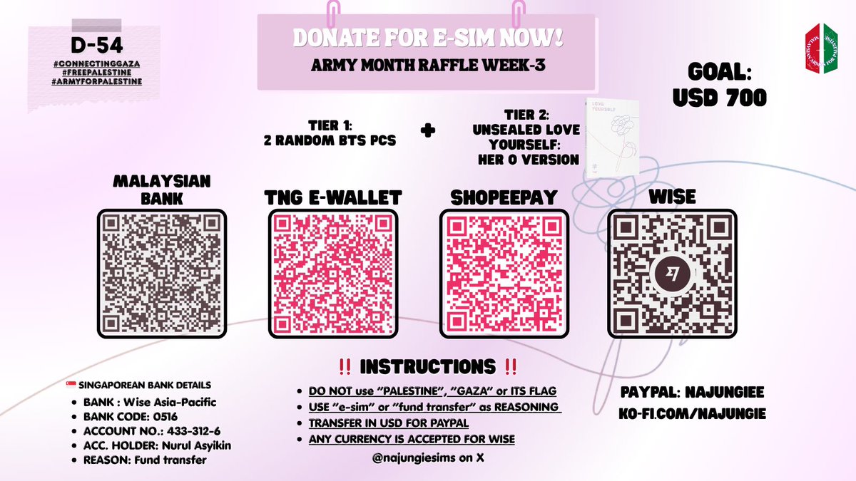 najungiesims's tweet image. 💗 Donate for eSIM D-54!
ARMY Month Raffle Week-3
For the last week of ARMY Month, we have 2 prizes to make you win!
TIER 1: 2 RANDOM BTS PCS
TIER 2: UNSEALED LOVE YOURSELF: HER O VERSION
❕please make sure to read infos written in the poster before donating❕
🔗…