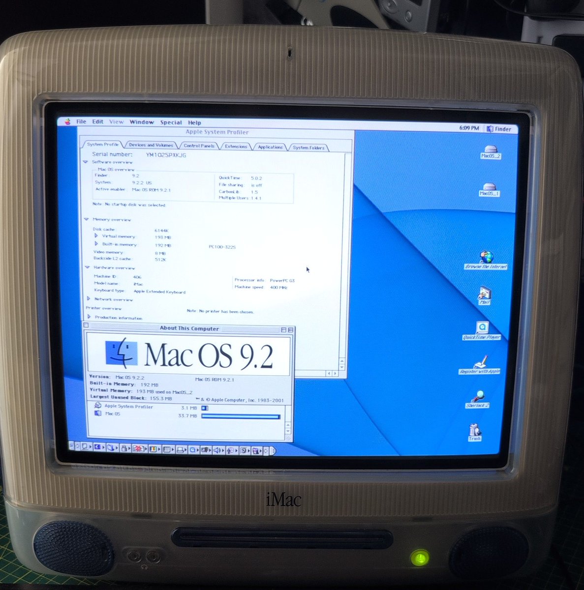 Gammitin's tweet image. Did a dual boot with OSX and OS9 on this tonight, OS9 just has that special retro vibe that I love.