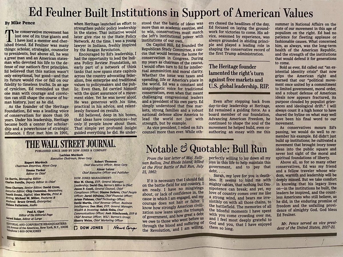 AmericanFreedom's tweet image. Ed Feulner didn’t just build up institutions, he cultivated a movement.
In today’s @WSJ, Vice President @Mike_Pence reflects on his friend, mentor, and the timeless values Ed Feulner fought to preserve.