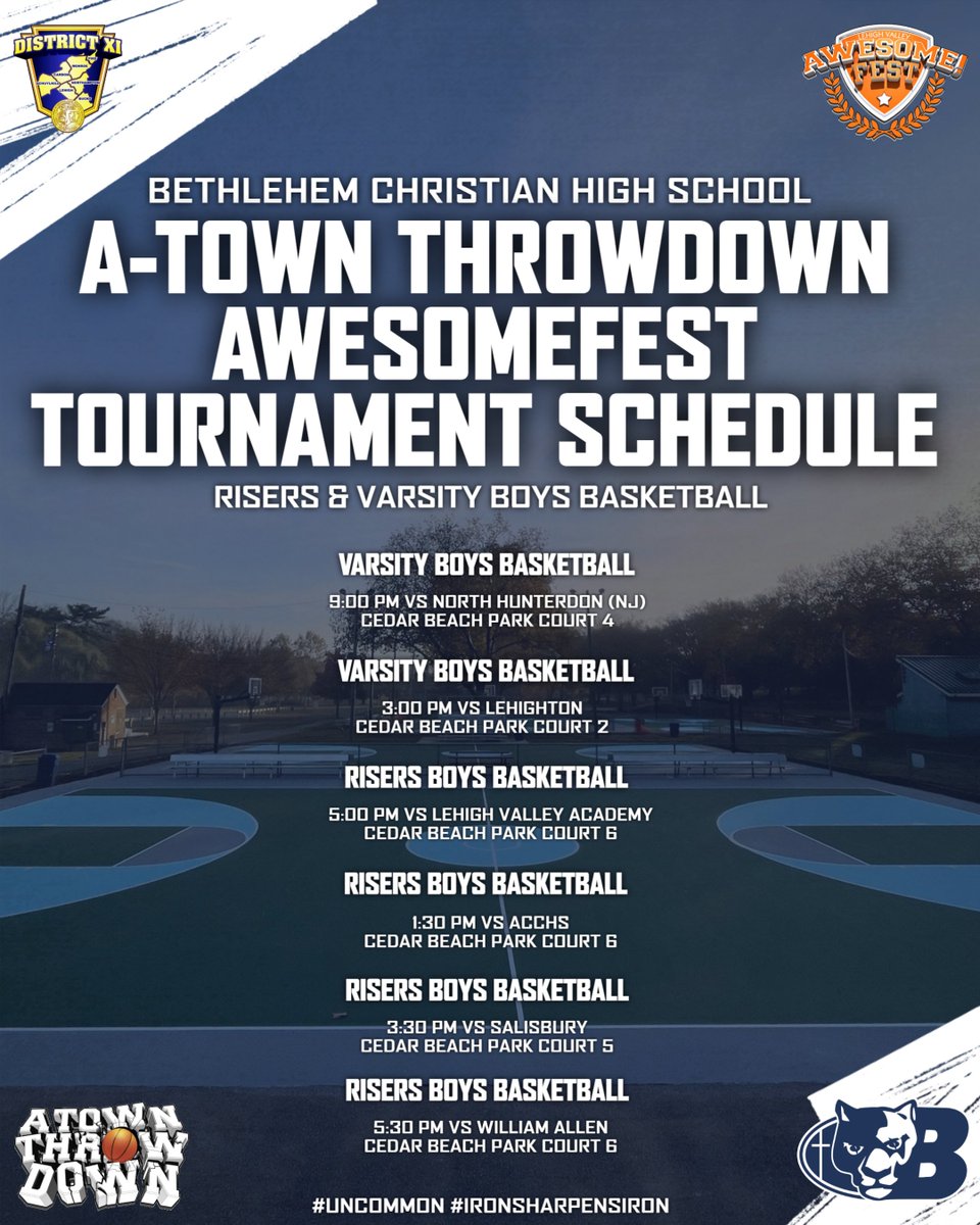 Bethlehem Christian School Boys Basketball (@bcspanthersmbb) on Twitter photo BCS A-Town Throwdown this week at Cedar Beach!
Varsity
7/24 – 9PM vs North Hunterdon - Court 4
7/25 – 3PM vs Lehighton - Court 2
Risers
7/25 – 5PM vs LVA - Court 6
7/26 – 1:30PM vs ACCHS - Court 6
7/26 – 3:30PM vs Salisbury - Court 5
7/26 – 5:30PM vs Allen - Court 6
<a href="/DeionSwift_/">Deion Swift</a> BCS A-Town Throwdown this week at Cedar Beach!
Varsity
7/24 – 9PM vs North Hunterdon - Court 4
7/25 – 3PM vs Lehighton - Court 2
Risers
7/25 – 5PM vs LVA - Court 6
7/26 – 1:30PM vs ACCHS - Court 6
7/26 – 3:30PM vs Salisbury - Court 5
7/26 – 5:30PM vs Allen - Court 6
<a href="/DeionSwift_/">Deion Swift</a>