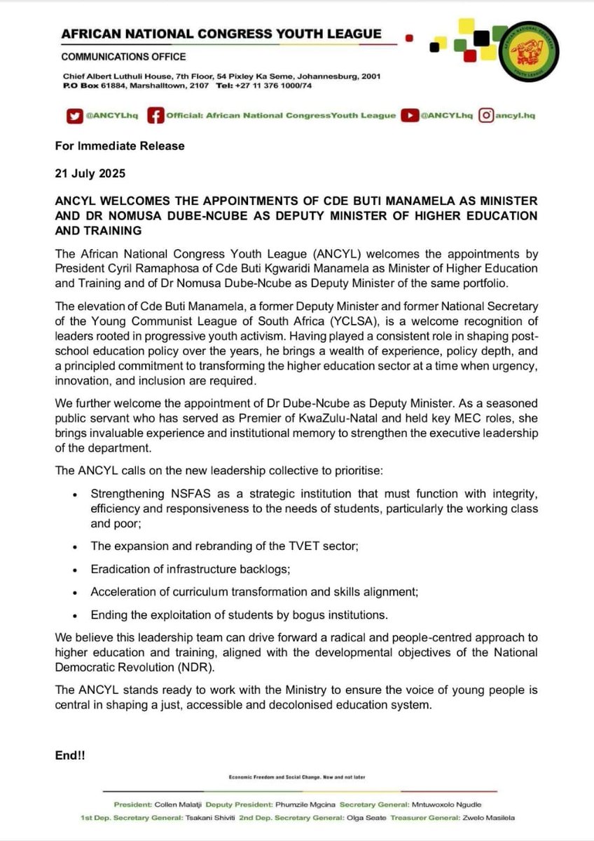 ANCYLhq's tweet image. ANCYL welcomes the elevation of Cde Buti Manamela as Minister and the appointment of Dr Nomusa Dube-Ncube as Deputy Minister of Higher Education and Training.
#ANCYLatWork