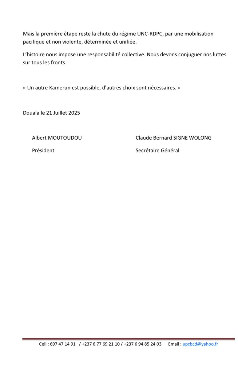 𝗖𝗢𝗠𝗠𝗨𝗡𝗜𝗤𝗨𝗘́

Alors que le Kamerun entre dans une phase politique décisive à l’approche de la prochaine élection présidentielle d’octobre 2025, l’UPC-MANIDEM a appris, en même temps que tous nos compatriotes, l’annonce de l’investiture de Monsieur Maurice Kamto par