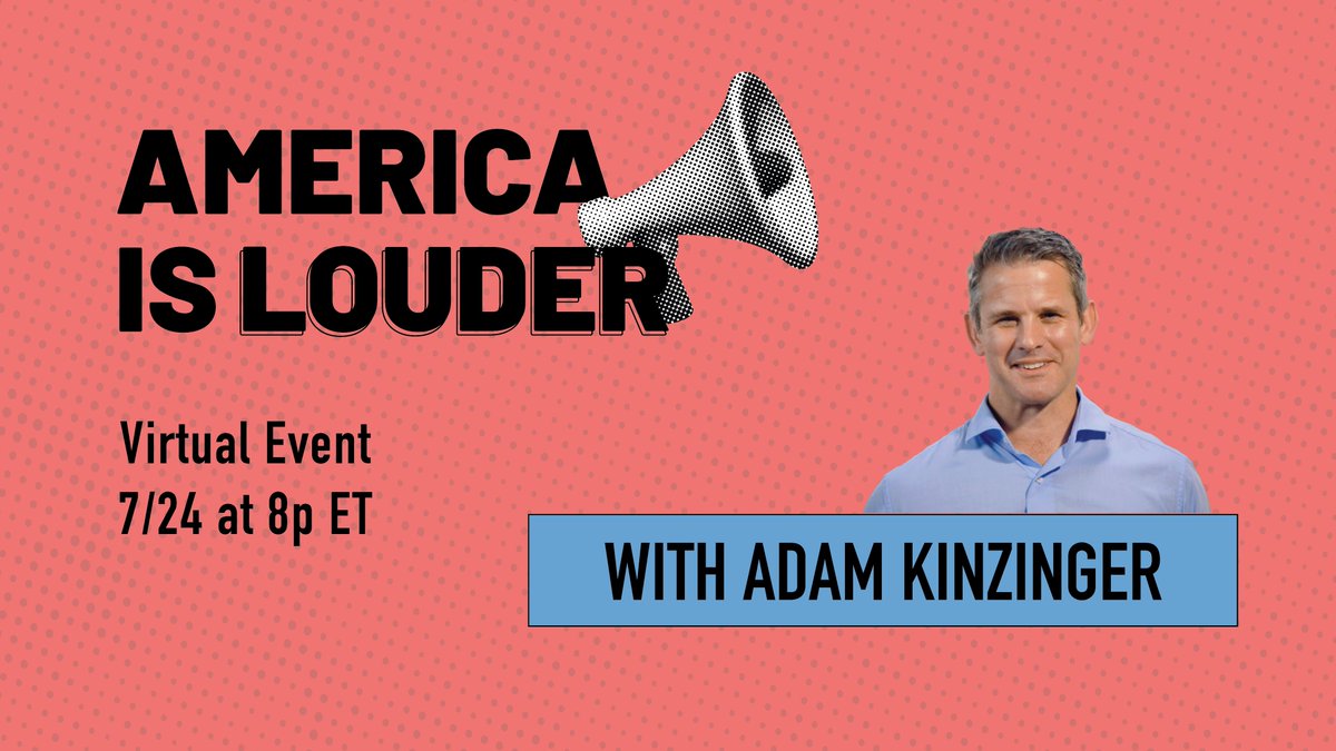 🗓️JOIN US THURSDAY at 8p ET with <a href="/AdamKinzinger/">Adam Kinzinger (Slava Ukraini) 🇺🇸🇺🇦</a> for our Virtual Launch of America is Louder. This is more than a petition - it's American's standing up for accountable leadership and rejecting Authoritarianism.

See you there! country1st.com/campfire072425

#AmericaIsLouder